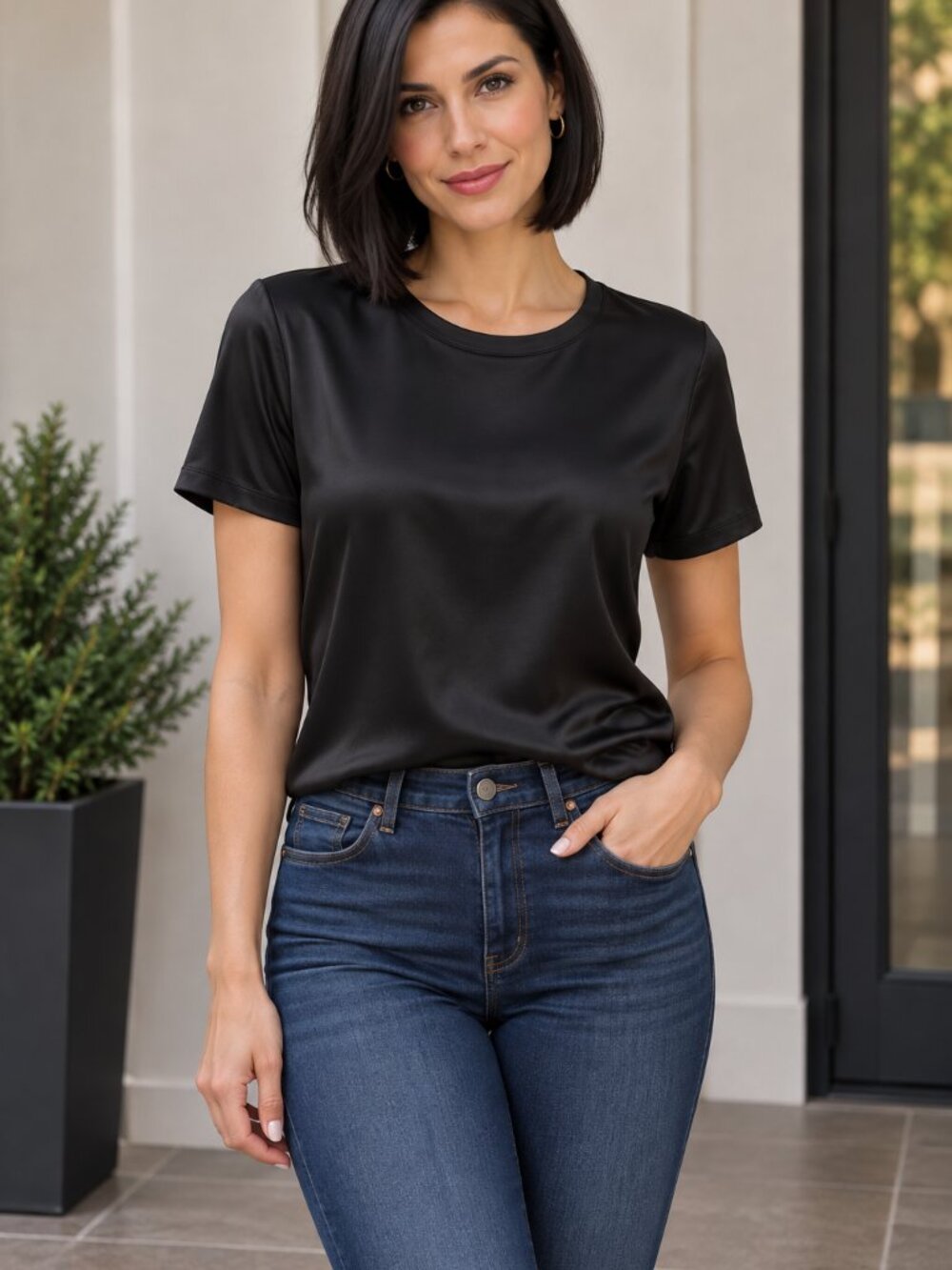 NWOT Beautiful by Lawrence Zarian Black Satin-y Top
